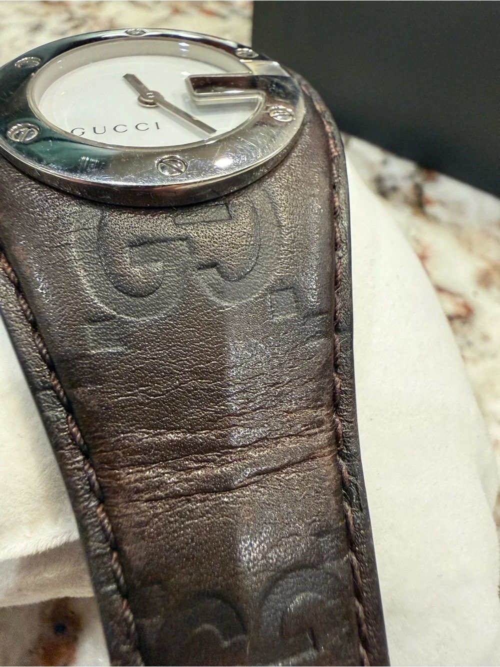 Gucci Women's Dark Brown Leather Strap Watch with Silver-Tone Bezel